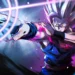 Beast Gohan charging forward with glowing white hair, intense red eyes, purple energy crackling around his arm, and a bright crosshair light effect bursting across the scene live wallpaper