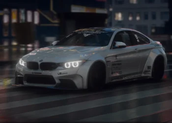 White BMW M4 LB Works wide-body drifting through a neon city street at night with glowing headlights, captured in a dynamic cinematic scene live wallpaper.