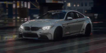 White BMW M4 LB Works wide-body drifting through a neon city street at night with glowing headlights, captured in a dynamic cinematic scene live wallpaper.