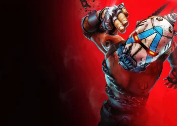 Borderlands 4 Psycho Rampage Live Wallpaper 2 Stylized Borderlands character wearing a metal mask with glowing eyes and chains, posed dynamically against a bright red background in a cel-shaded game art live wallpaper.