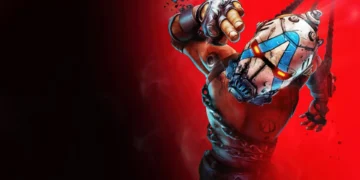 Stylized Borderlands character wearing a metal mask with glowing eyes and chains, posed dynamically against a bright red background in a cel-shaded game art live wallpaper.