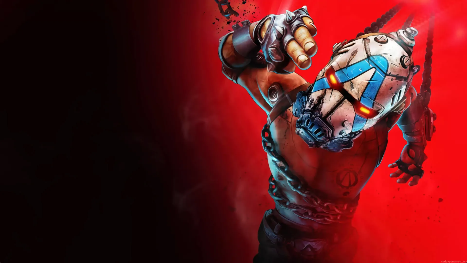 Stylized Borderlands character wearing a metal mask with glowing eyes and chains, posed dynamically against a bright red background in a cel-shaded game art live wallpaper.