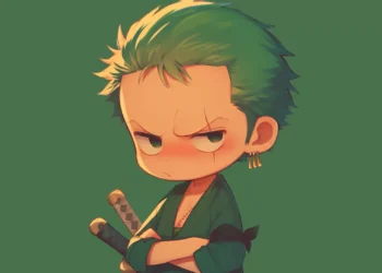 Chibi Zoro Angry Look Live Wallpaper 1 Cute chibi Zoro with crossed arms and an angry pout on a green background, holding small swords, live wallpaper.