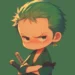 Cute chibi Zoro with crossed arms and an angry pout on a green background, holding small swords, live wallpaper.