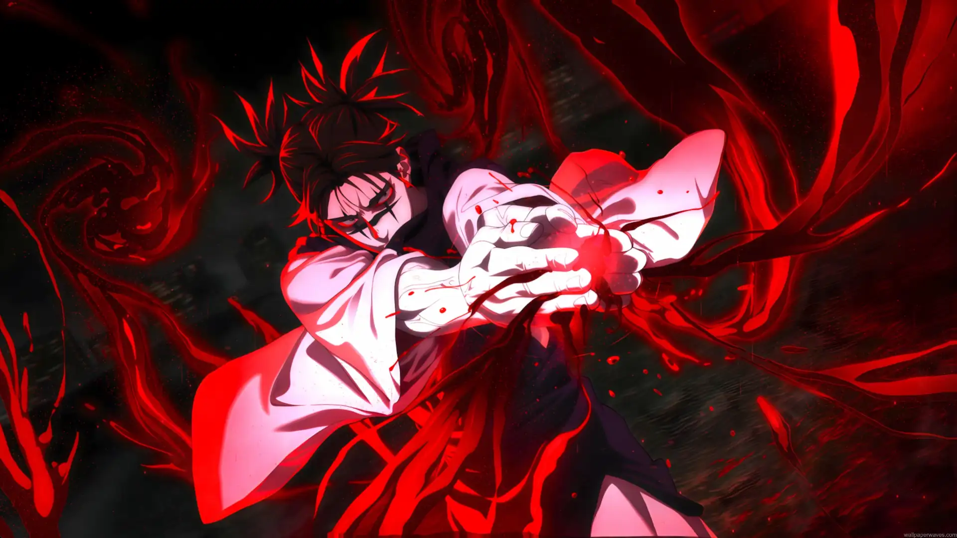 Choso using cursed blood manipulation with glowing red energy in an intense dark anime battle scene live wallpaper