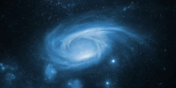 A glowing blue spiral galaxy surrounded by stars, nebula clouds, and deep space darkness in a serene cosmic scene live wallpaper.