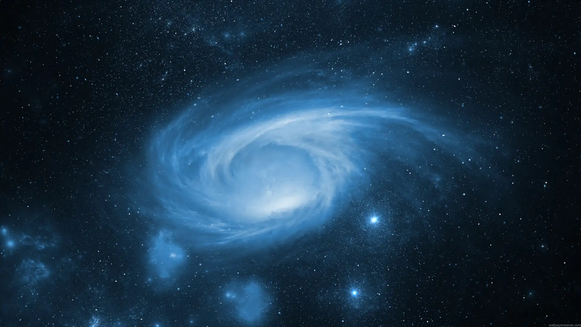 A glowing blue spiral galaxy surrounded by stars, nebula clouds, and deep space darkness in a serene cosmic scene live wallpaper.