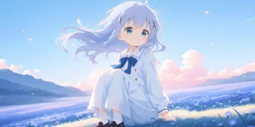 Wholesome anime girl sitting in a blue flower field with flowing hair under a bright sky and soft pink clouds in a peaceful nature scene live wallpaper.