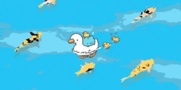 Cute cartoon duck carrying a small chick while other ducklings follow in a blue pond with colorful koi swimming below in a charming live wallpaper.