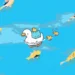Cute cartoon duck carrying a small chick while other ducklings follow in a blue pond with colorful koi swimming below in a charming live wallpaper.