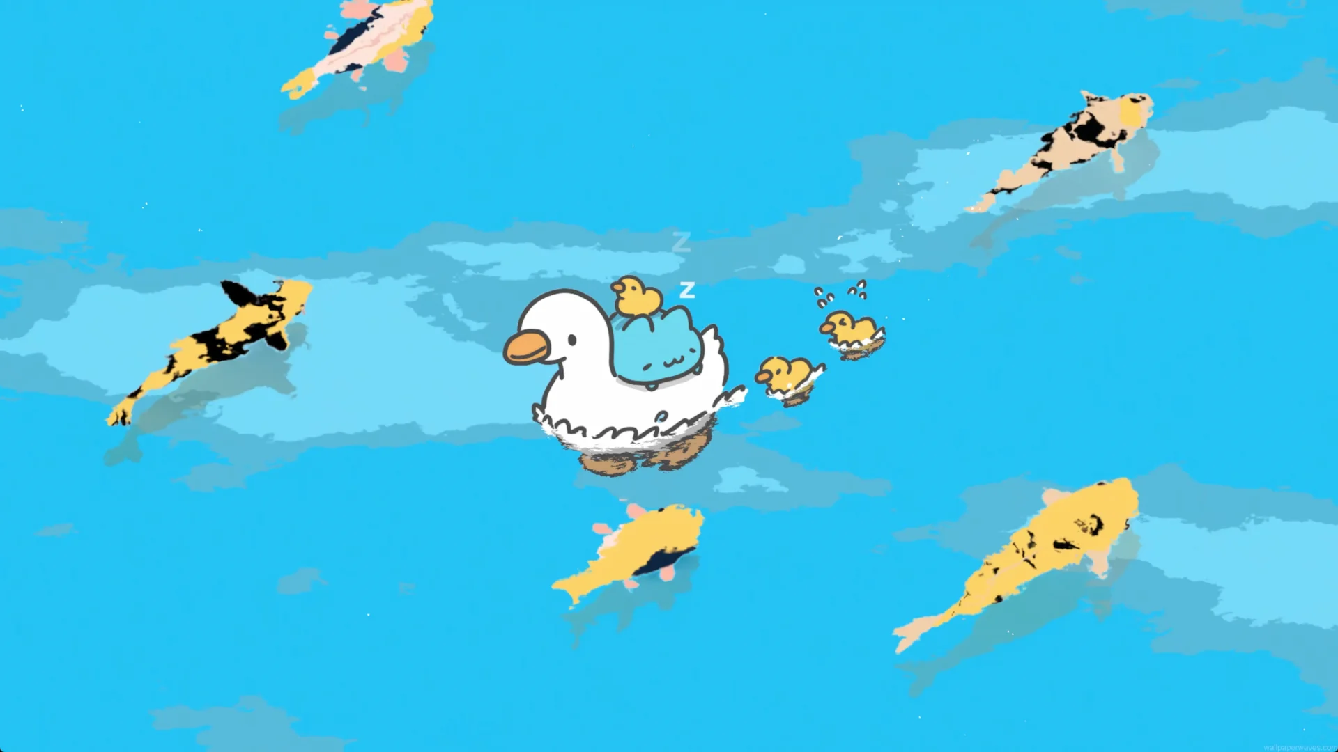 Cute cartoon duck carrying a small chick while other ducklings follow in a blue pond with colorful koi swimming below in a charming live wallpaper.