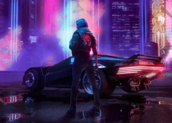 Cyberpunk character standing beside futuristic car in neon-lit rainy city with glowing skyscrapers live wallpaper