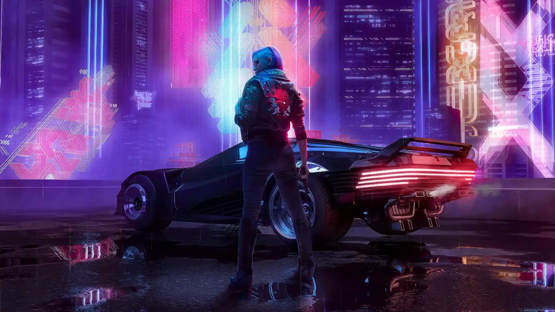 Cyberpunk character standing beside futuristic car in neon-lit rainy city with glowing skyscrapers live wallpaper