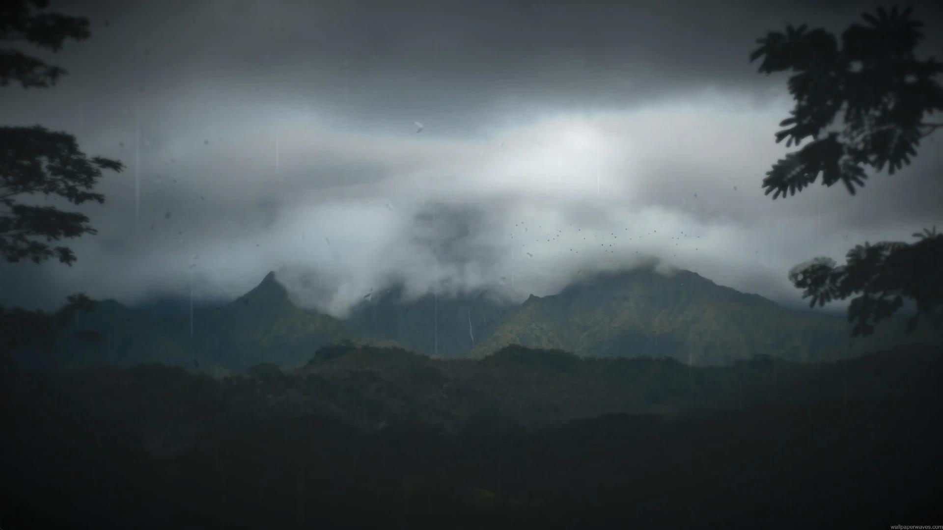 Dark storm clouds over misty green mountains with gentle rain falling and moody atmosphere live wallpaper