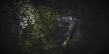 Dark forest scene with moss-covered rocks, falling rain, and a quiet flowing stream surrounded by shadows and natural textures in a moody atmospheric live wallpaper.