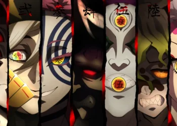 Close-up lineup of Demon Slayer Upper Moons with torn panel dividers, glowing rank symbols in their eyes, dramatic shadows, and intense villain expressions in a dark anime style wallpaper