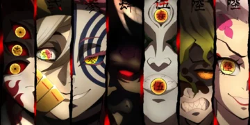 Close-up lineup of Demon Slayer Upper Moons with torn panel dividers, glowing rank symbols in their eyes, dramatic shadows, and intense villain expressions in a dark anime style wallpaper