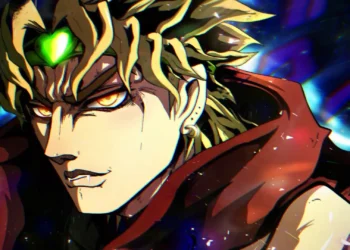 Close-up manga-style portrait of Dio Brando with glowing golden eyes, green forehead stone, intense shading, and swirling cosmic light effects in the background live wallpaper