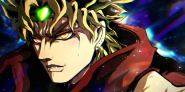 Close-up manga-style portrait of Dio Brando with glowing golden eyes, green forehead stone, intense shading, and swirling cosmic light effects in the background live wallpaper