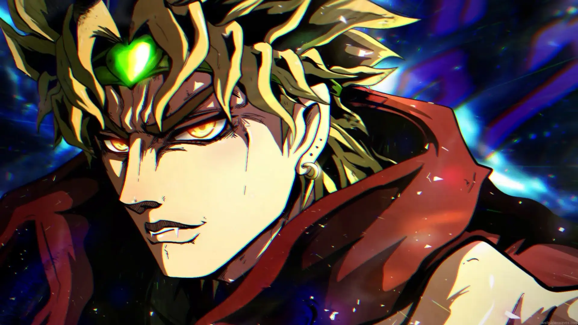 Close-up manga-style portrait of Dio Brando with glowing golden eyes, green forehead stone, intense shading, and swirling cosmic light effects in the background live wallpaper