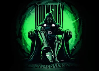 Doctor Doom Doomsday Throne Live Wallpaper 1 Doctor Doom sitting on a glowing green throne holding Iron Man’s helmet with dark comic-style lighting live wallpaper