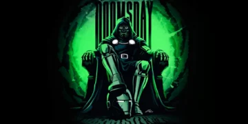 Doctor Doom sitting on a glowing green throne holding Iron Man’s helmet with dark comic-style lighting live wallpaper