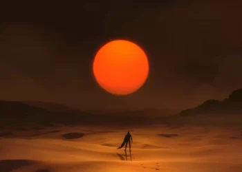 Silhouette of a lone figure walking across glowing sand dunes beneath a massive red sun in a cinematic desert scene live wallpaper.
