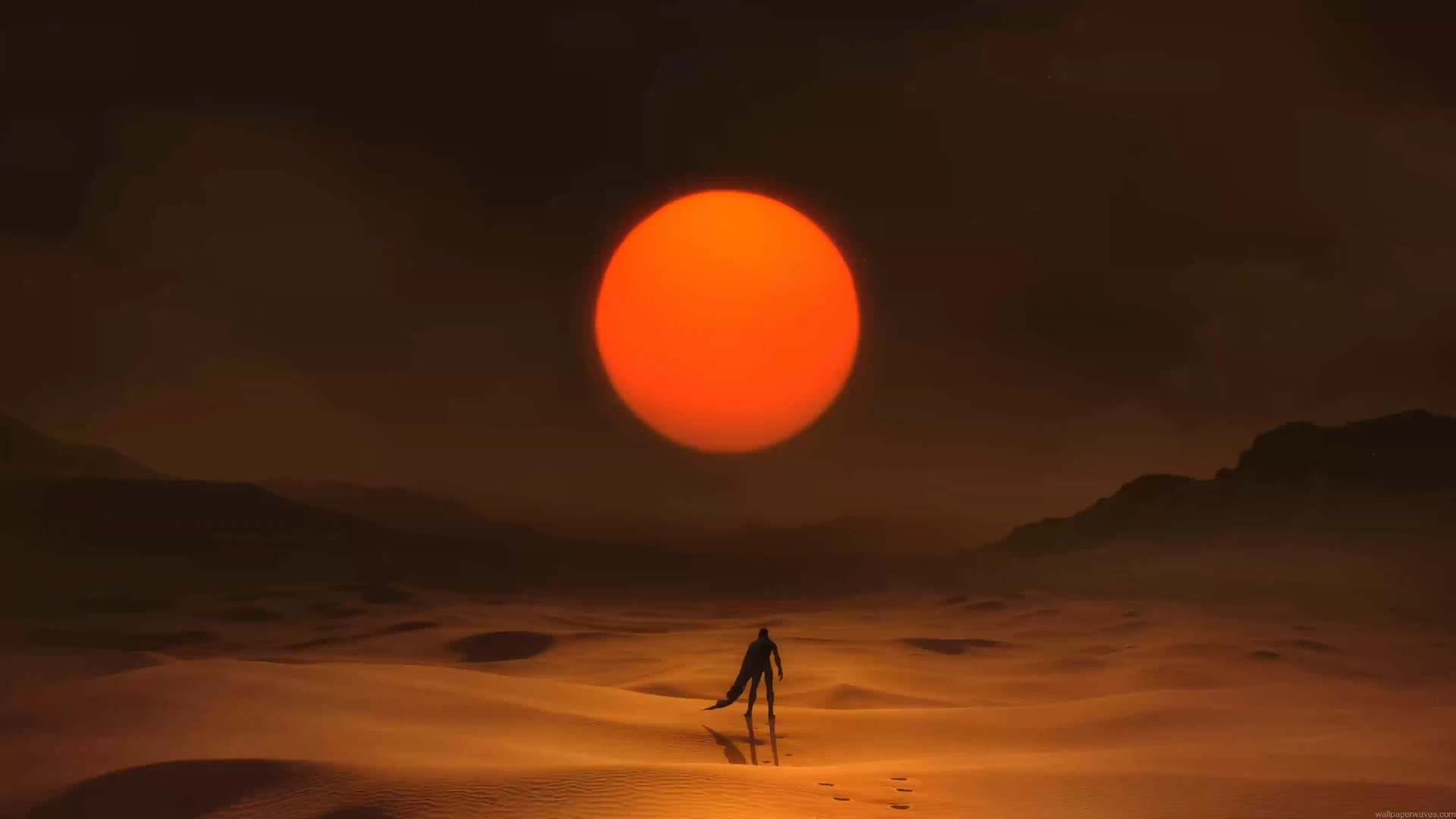 Silhouette of a lone figure walking across glowing sand dunes beneath a massive red sun in a cinematic desert scene live wallpaper.