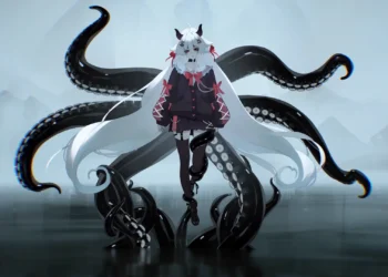 Anime girl with long white hair standing above reflective water as large dark eldritch tentacles rise behind her in a mysterious fantasy scene live wallpaper.