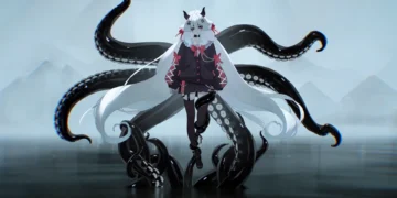 Anime girl with long white hair standing above reflective water as large dark eldritch tentacles rise behind her in a mysterious fantasy scene live wallpaper.
