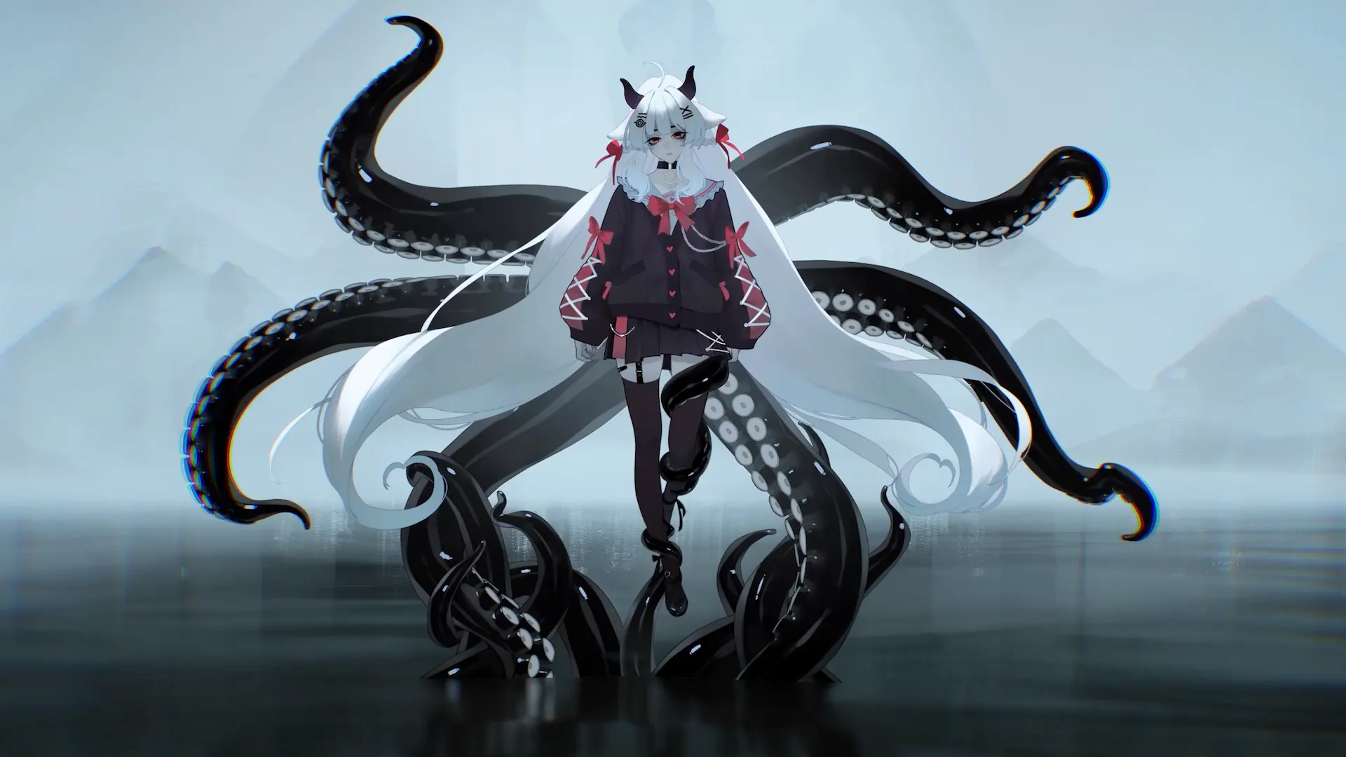 Anime girl with long white hair standing above reflective water as large dark eldritch tentacles rise behind her in a mysterious fantasy scene live wallpaper.