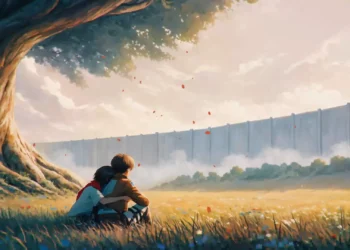 Eren and Mikasa Under the Tree Live Wallpaper 1 Eren and Mikasa sitting together under a large tree with petals falling and a distant wall in the background live wallpaper