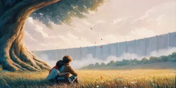 Eren and Mikasa sitting together under a large tree with petals falling and a distant wall in the background live wallpaper