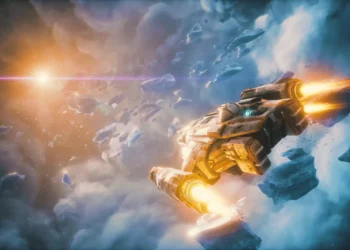 Everspace Starship Asteroid Flight Live Wallpaper 2 Spaceship flying through asteroid field with glowing thrusters and bright cosmic clouds in outer space live wallpaper