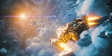 Spaceship flying through asteroid field with glowing thrusters and bright cosmic clouds in outer space live wallpaper