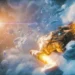 Everspace Starship Asteroid Flight Live Wallpaper 10 Spaceship flying through asteroid field with glowing thrusters and bright cosmic clouds in outer space live wallpaper