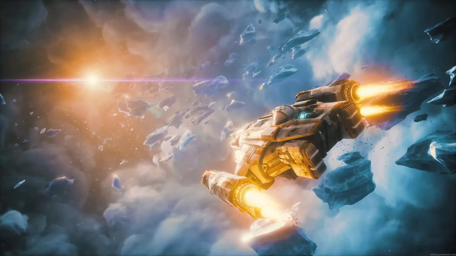 Spaceship flying through asteroid field with glowing thrusters and bright cosmic clouds in outer space live wallpaper