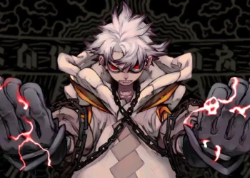 Anime character Rudo from Gachiakuta with glowing red eyes and lightning power breaking free from chains live wallpaper