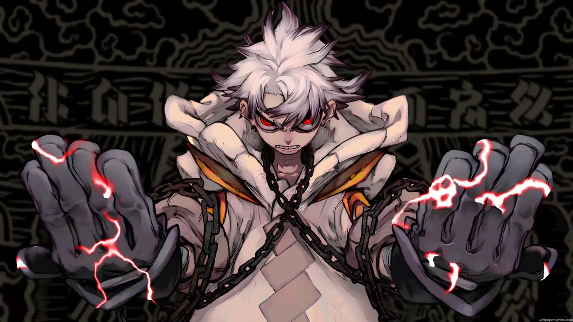 Anime character Rudo from Gachiakuta with glowing red eyes and lightning power breaking free from chains live wallpaper