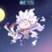 Cute chibi Gear 5 Luffy floating in a starry night sky with glowing moon and pastel clouds live wallpaper