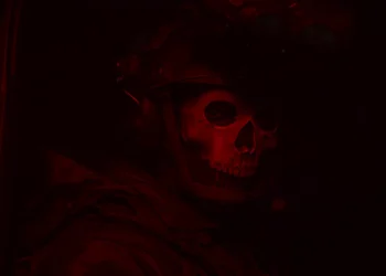 Ghost from Modern Warfare glowing in red shadows inside a dark cabin, wearing his skull mask and tactical gear live wallpaper