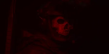Ghost from Modern Warfare glowing in red shadows inside a dark cabin, wearing his skull mask and tactical gear live wallpaper