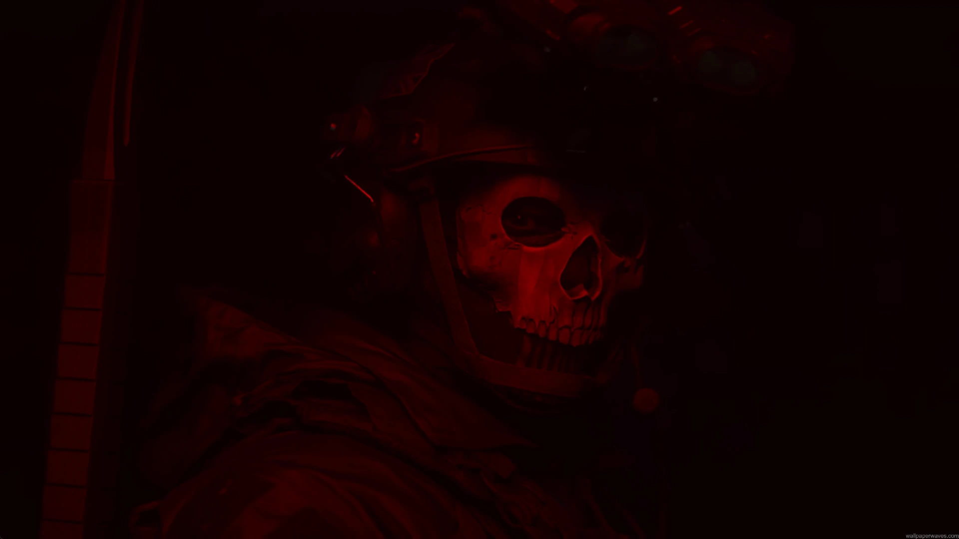 Ghost from Modern Warfare glowing in red shadows inside a dark cabin, wearing his skull mask and tactical gear live wallpaper