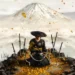 Ghost of Yotei The Lone Warrior Live Wallpaper 10 A lone samurai kneeling on a rocky mountaintop surrounded by katanas, with autumn leaves swirling in the wind and Mount Yotei rising above the clouds in the background, shown in a cinematic Japanese art style live wallpaper.