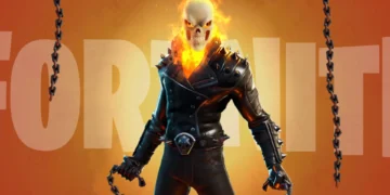 Ghost Rider Fortnite skin standing in flaming hellfire with glowing skull, spiked leather jacket, burning chains, and an intense orange inferno background wallpaper.