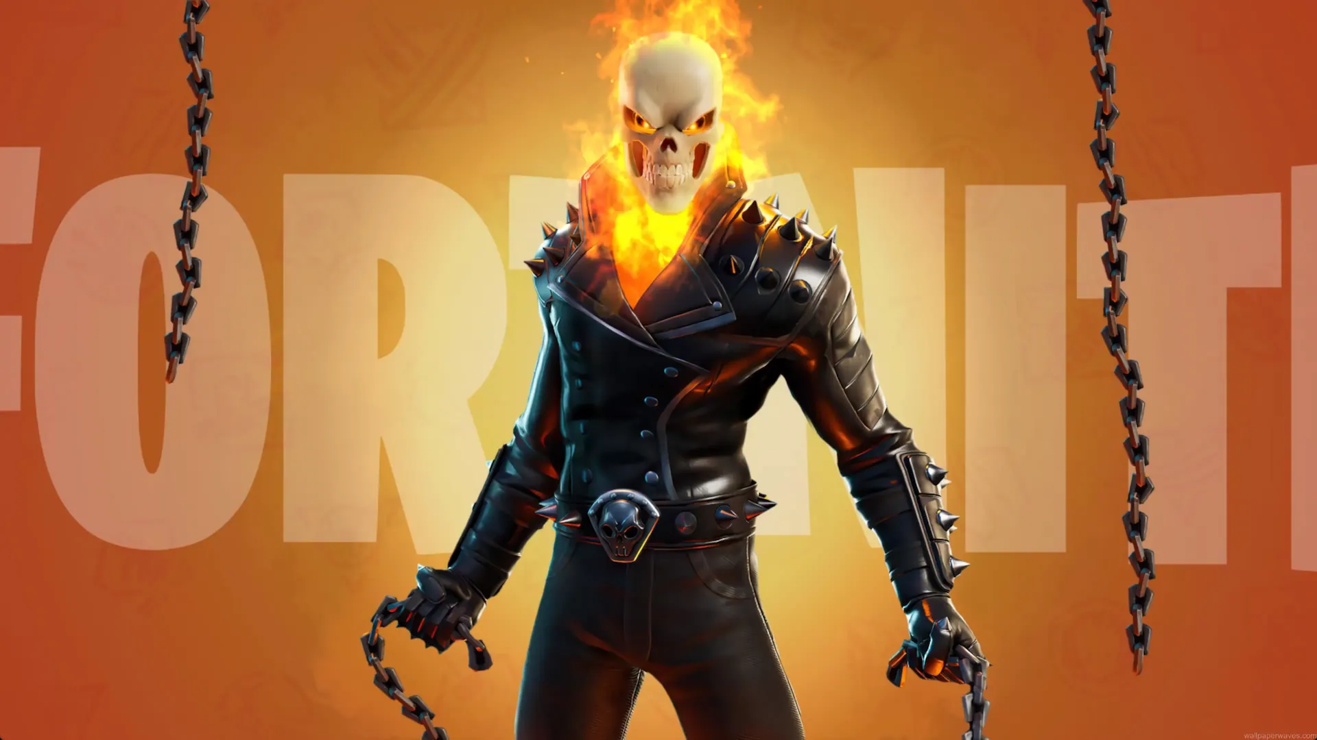 Ghost Rider Fortnite skin standing in flaming hellfire with glowing skull, spiked leather jacket, burning chains, and an intense orange inferno background wallpaper.