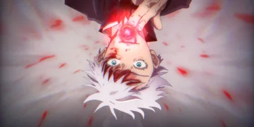Upside-down close-up of Gojo Satoru activating a glowing red technique with swirling energy and dramatic lighting in an anime live wallpaper.