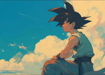 Young Goku sitting calmly above glowing clouds with warm sunlight and painted blue sky in a peaceful anime scene live wallpaper