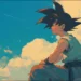 Young Goku sitting calmly above glowing clouds with warm sunlight and painted blue sky in a peaceful anime scene live wallpaper