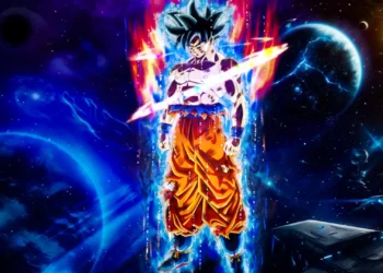 Goku in Ultra Instinct form surrounded by glowing blue and red energy, standing in deep space with planets, galaxies, and cosmic light behind him in a dramatic anime art style live wallpaper.